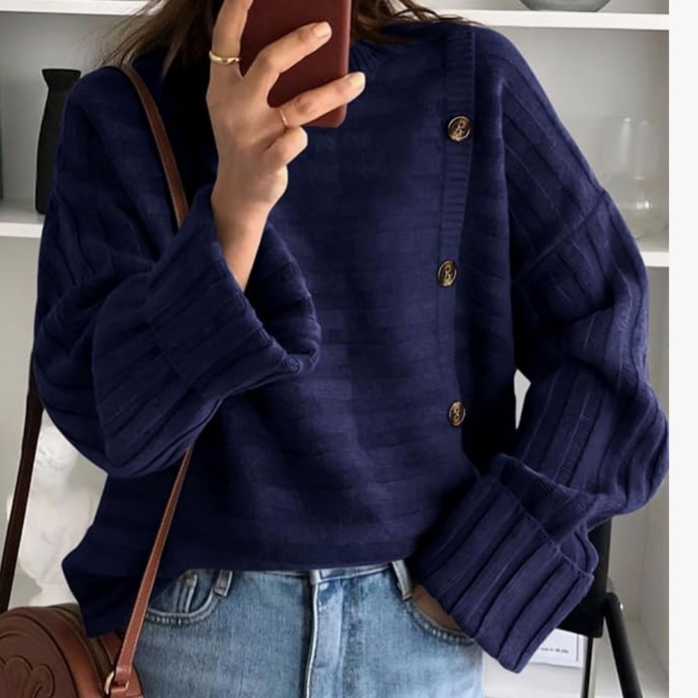 NWT - Navy Button-Down Ribbed Top - Picture 2 of 7